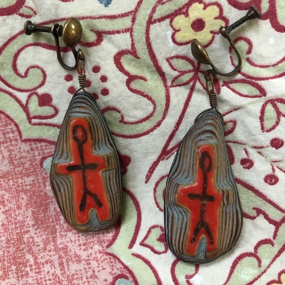 VTG 1960s Stick People Drift Wood Dangle Screw Back Earrings - Picture 1 of 7